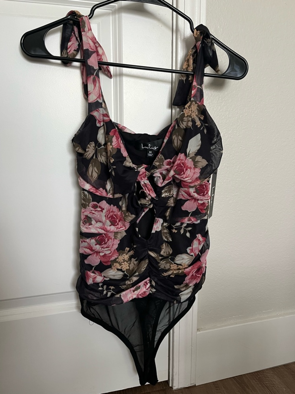 Lulu's Black Floral Tie-Strap Ruched Bodysuit